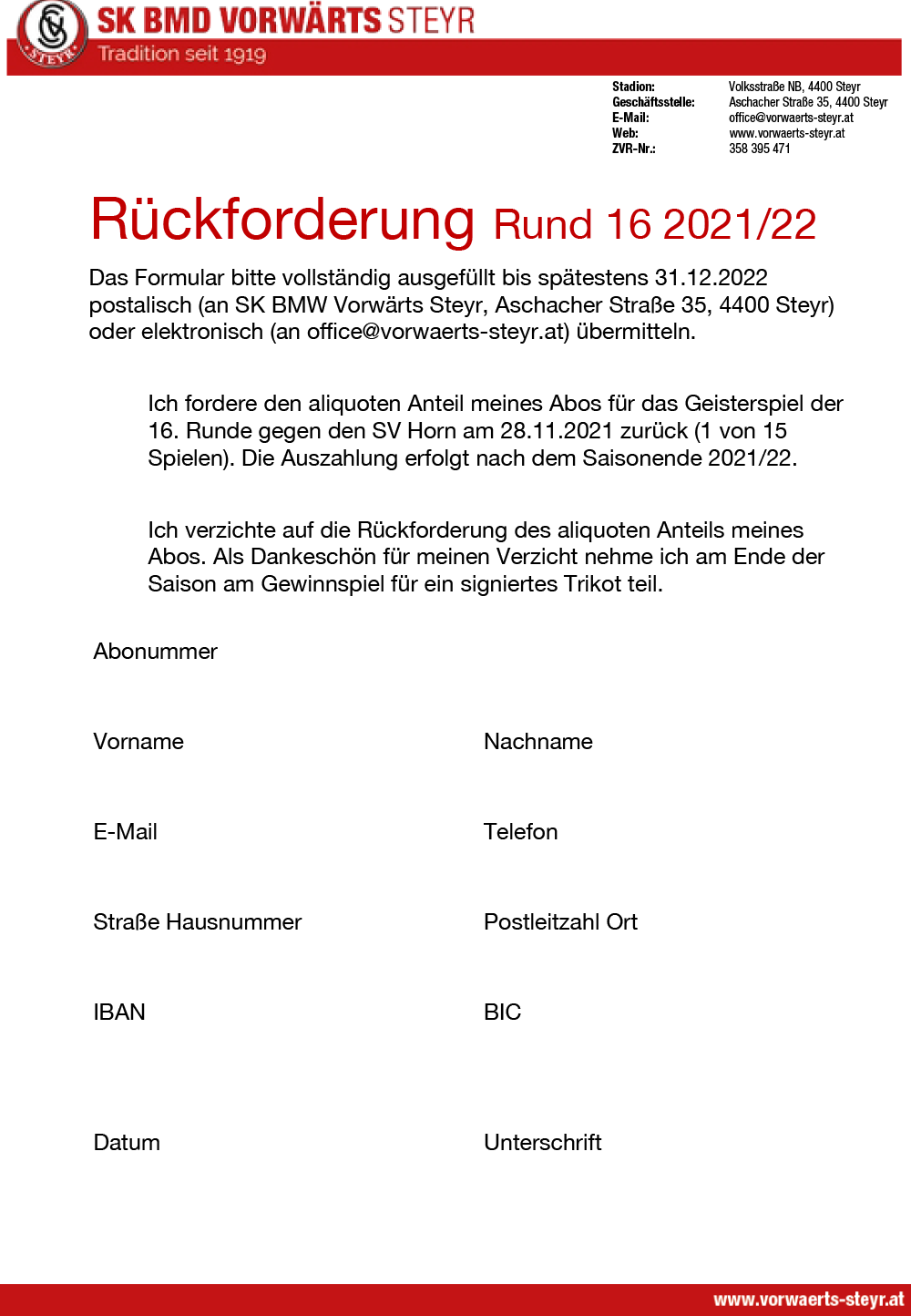 Formular Rückforderung SV Horn 2021/22